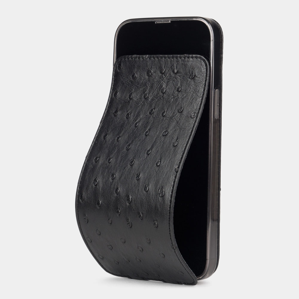 Black ostrich leather flip case for iPhone 14 Pro Max, MagSafe — Marcel Robert
