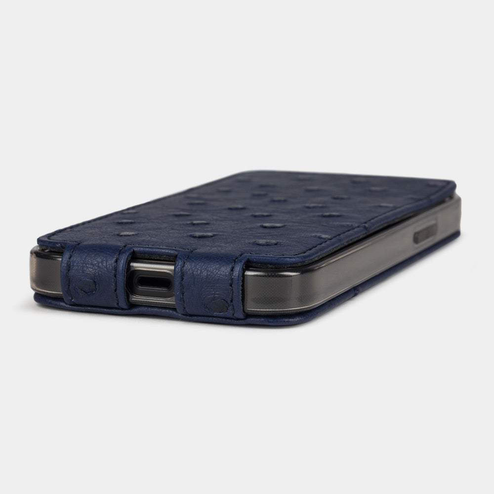 iPhone 14 Pro ostrich leather flip case – Blue – Marcel Robert
