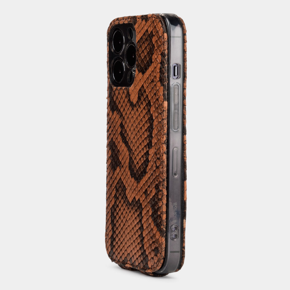 Gold python leather iPhone 14 Pro case, back view showing the camera cut-out and natural scale pattern
