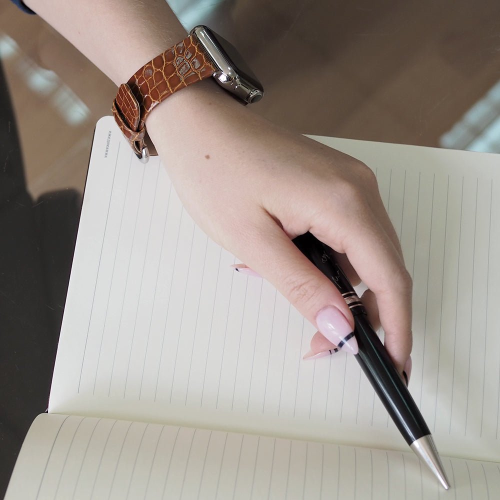 gold alligator strap Apple Watch steel adapters and buckle contextual visual 2