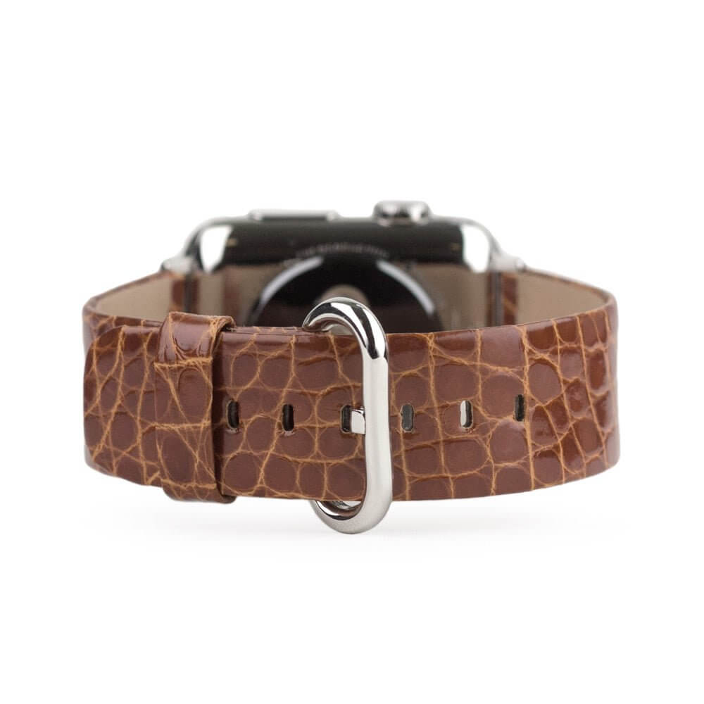 Strap for the Apple Watch 45/46 mm in Gold shiny alligator leather, with steel adapters and buckle | main view