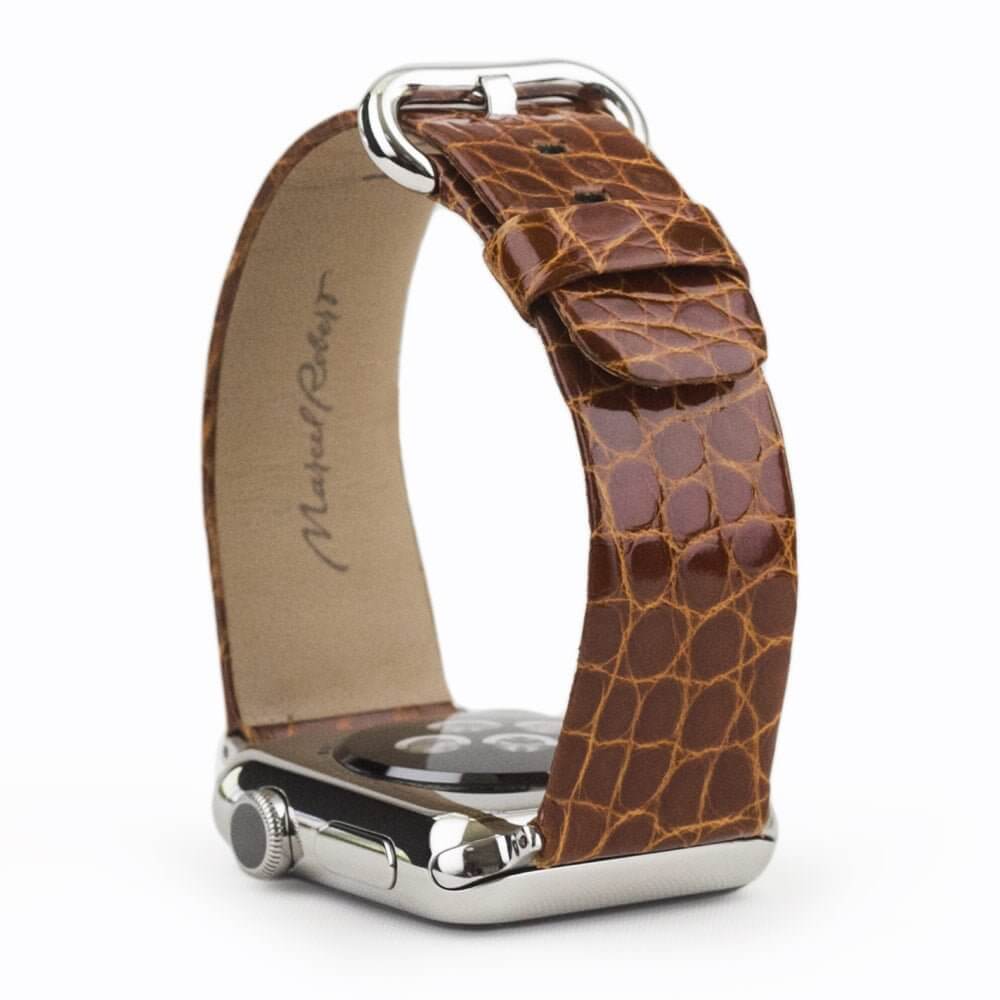 Strap for the Apple Watch 45/46 mm in Gold shiny alligator leather, with steel adapters and buckle | full profile view to see the thickness of the strap