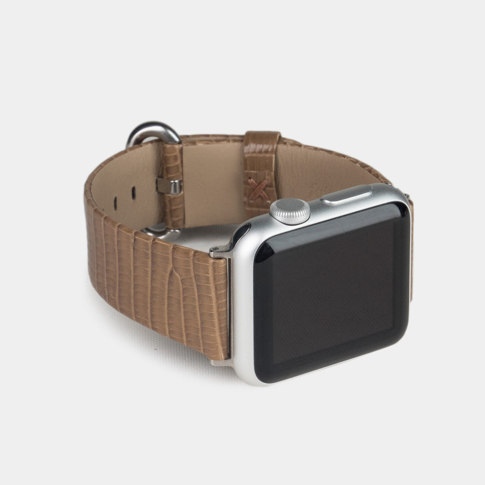 gold lizard strap apple watch steel adapters and buckle frontal view