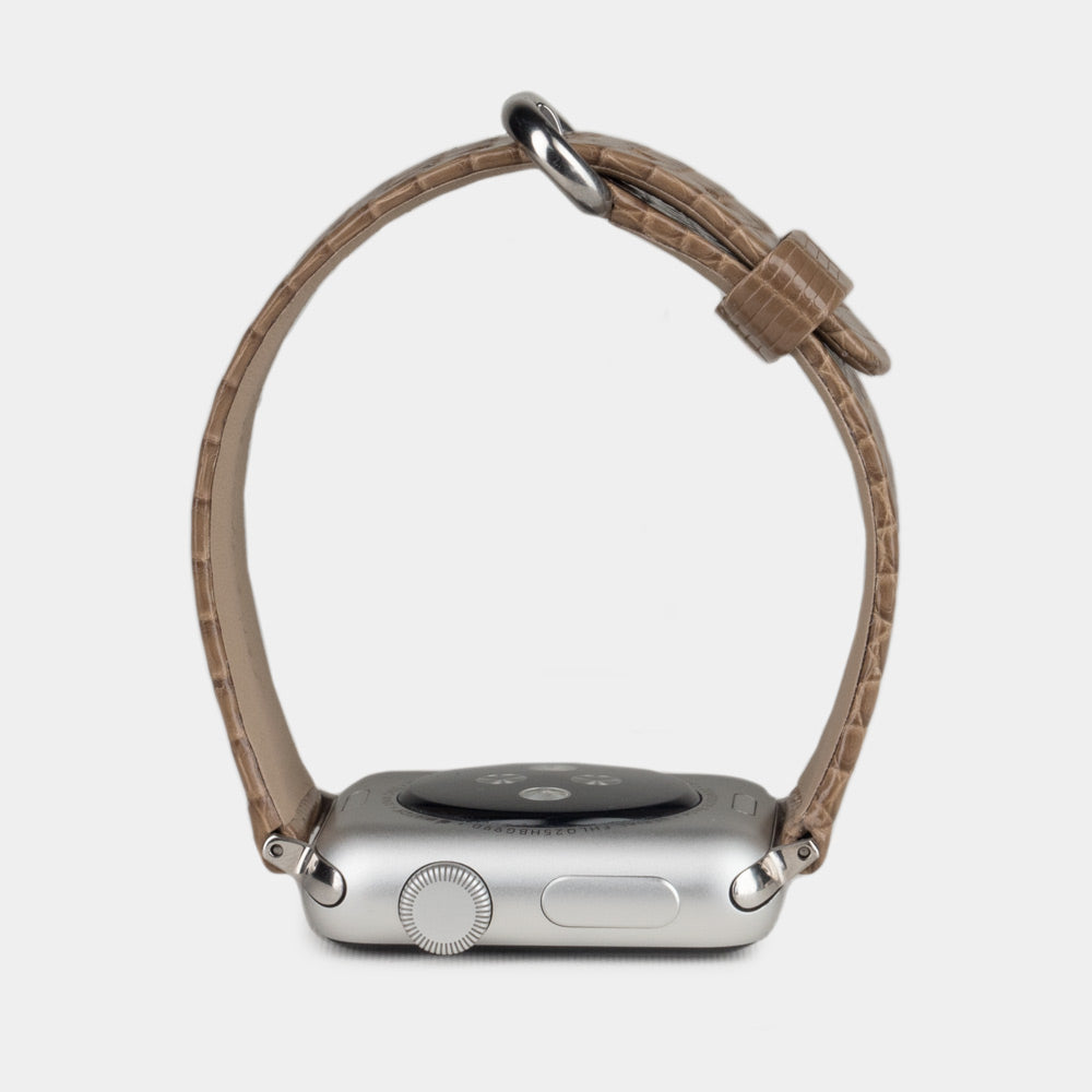 gold lizard strap apple watch steel adapters and buckle profile view