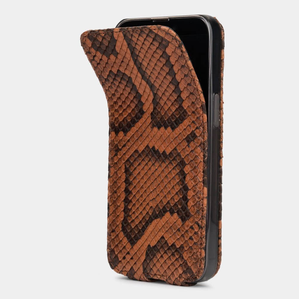 Gold Python Leather flip case iPhone 16 Plus – photo showing the soft flip cover folding back, flexible hinge for comfortable one-hand use