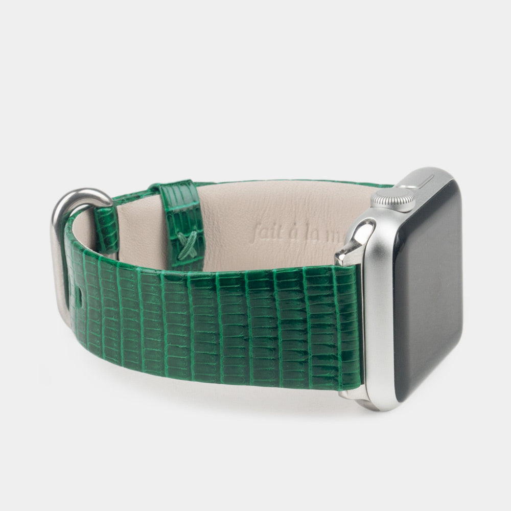 green lizard strap apple watch steel adapters and buckle side view