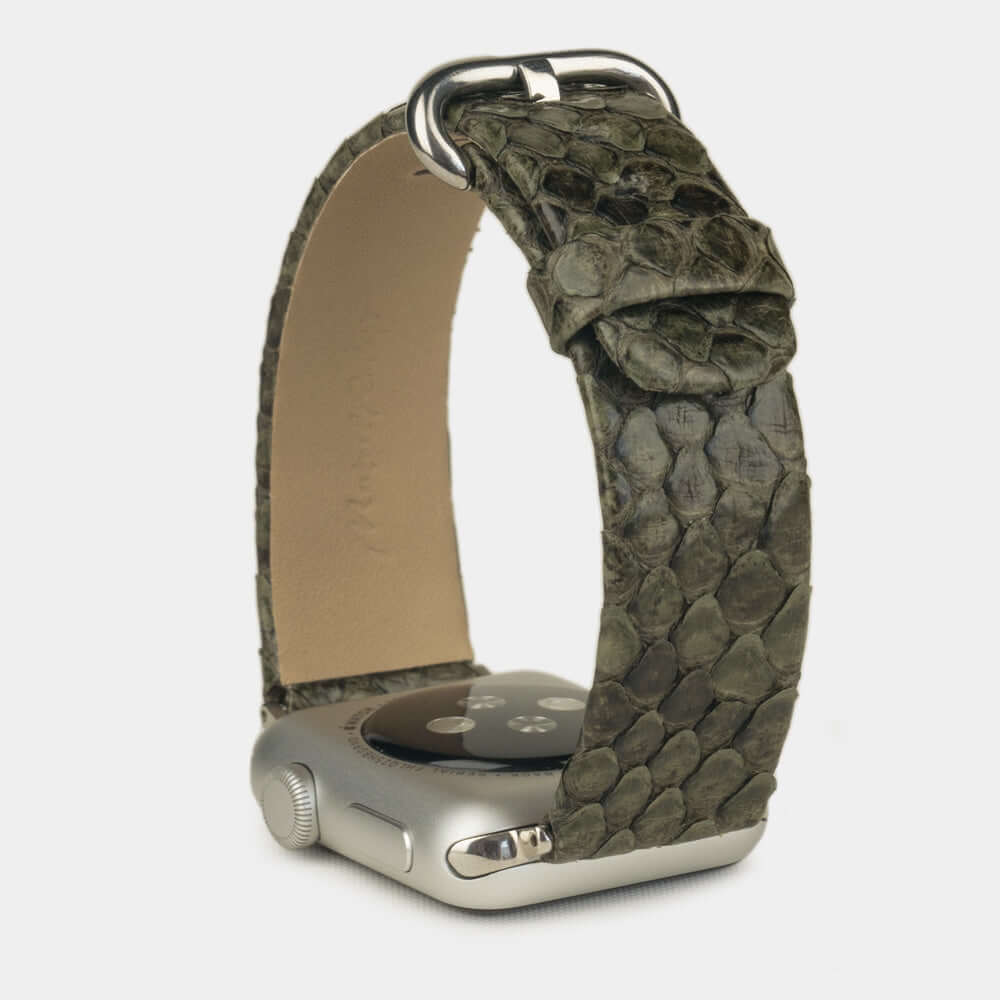 Strap for the Apple Watch 41/42 mm in green python leather, with steel adapters and buckle | full profile view to see the thickness of the strap