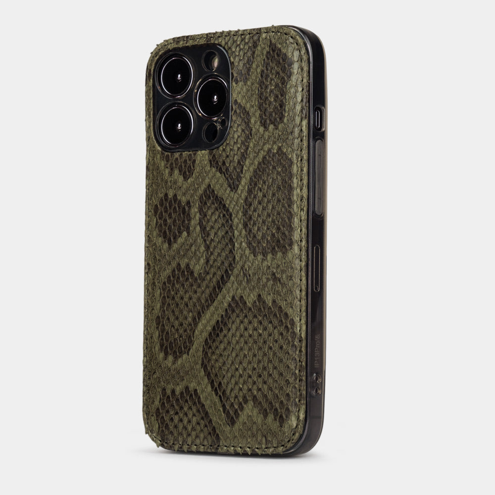 Green python leather cover case for iPhone 15 Pro – three-quarter back view showing the slim 2 mm profile