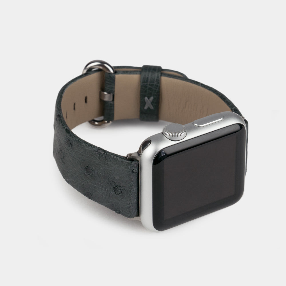 grey ostrich strap apple watch with steel adapters and buckle frontal view
