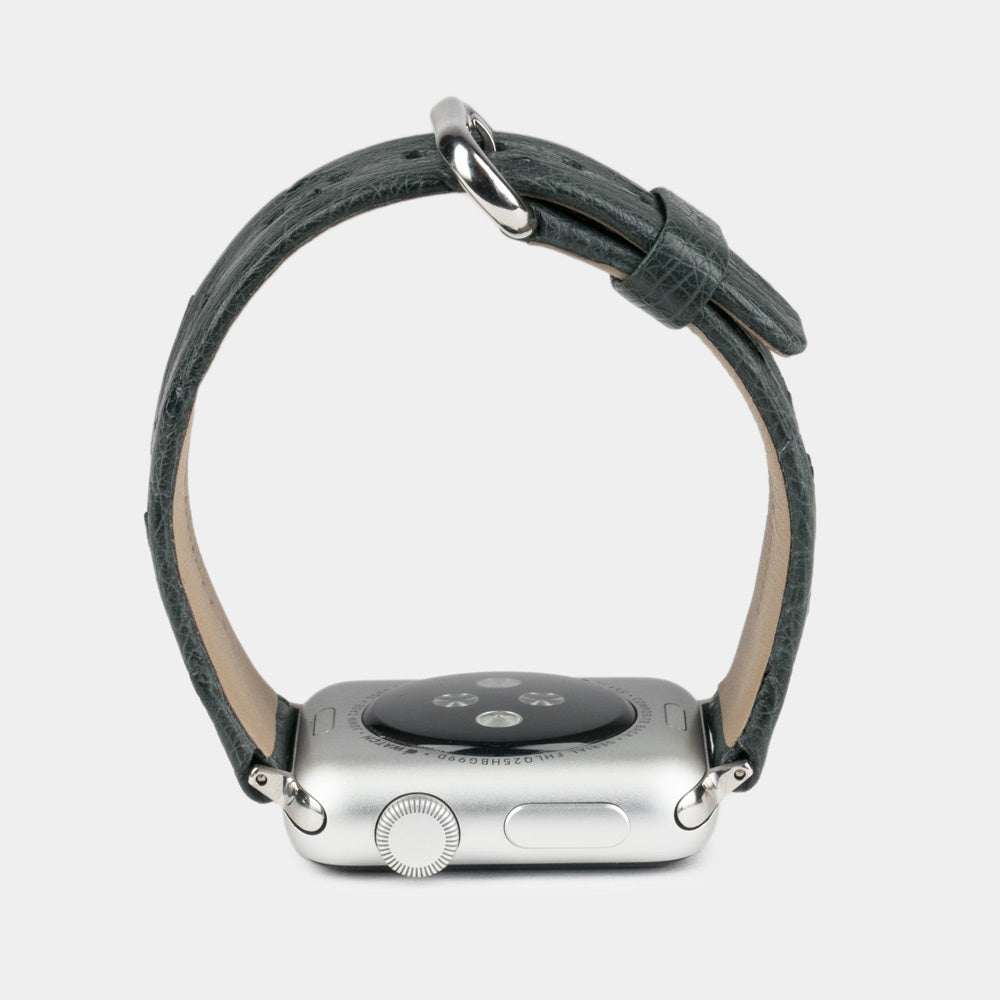 grey ostrich strap apple watch with steel adapters and buckle profile view