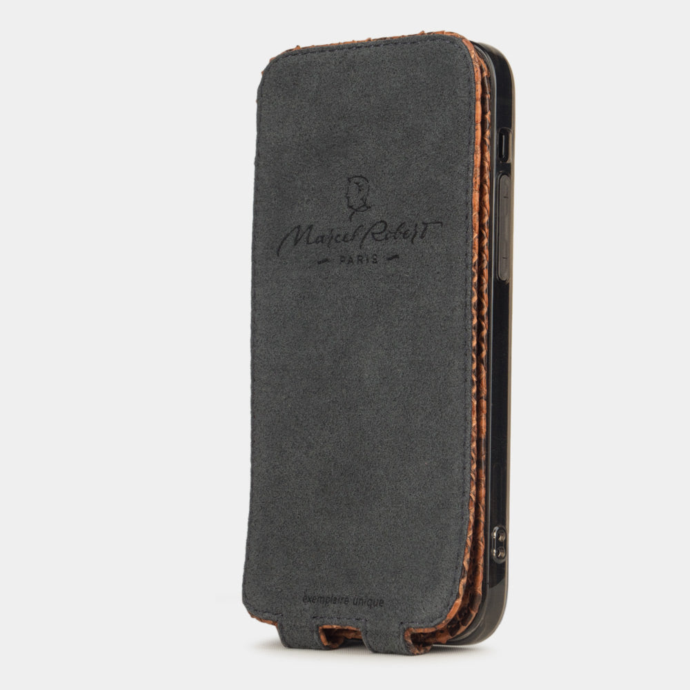 gold python leather flip case for iPhone 12 pro, vertical view with cover folded behind the phone revealing grey microfiber lining