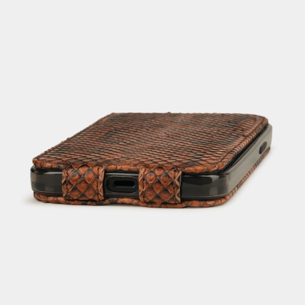 gold python leather flip case for iPhone 12 pro laid flat showing ultra slim handcrafted profile