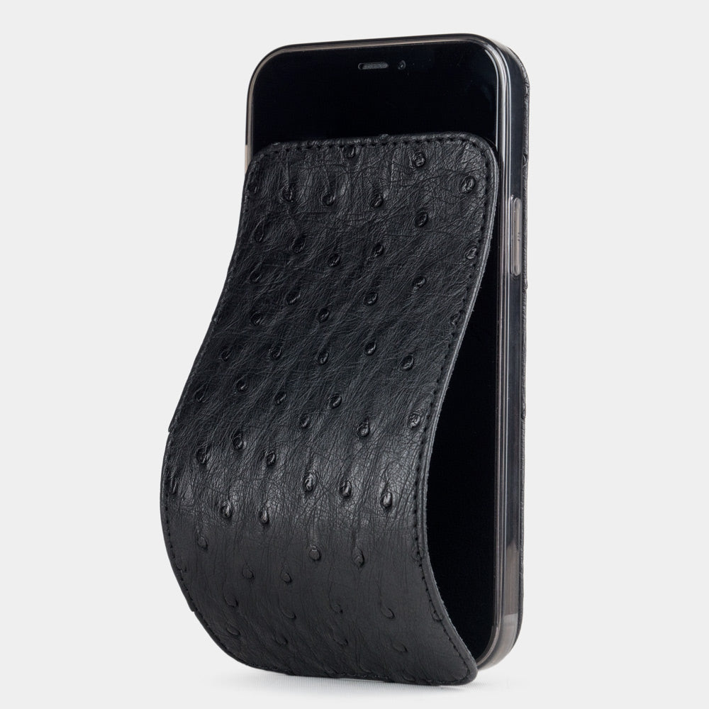 black ostrich leather iPhone 12 pro max case with slim magnetic flip cover - main visual