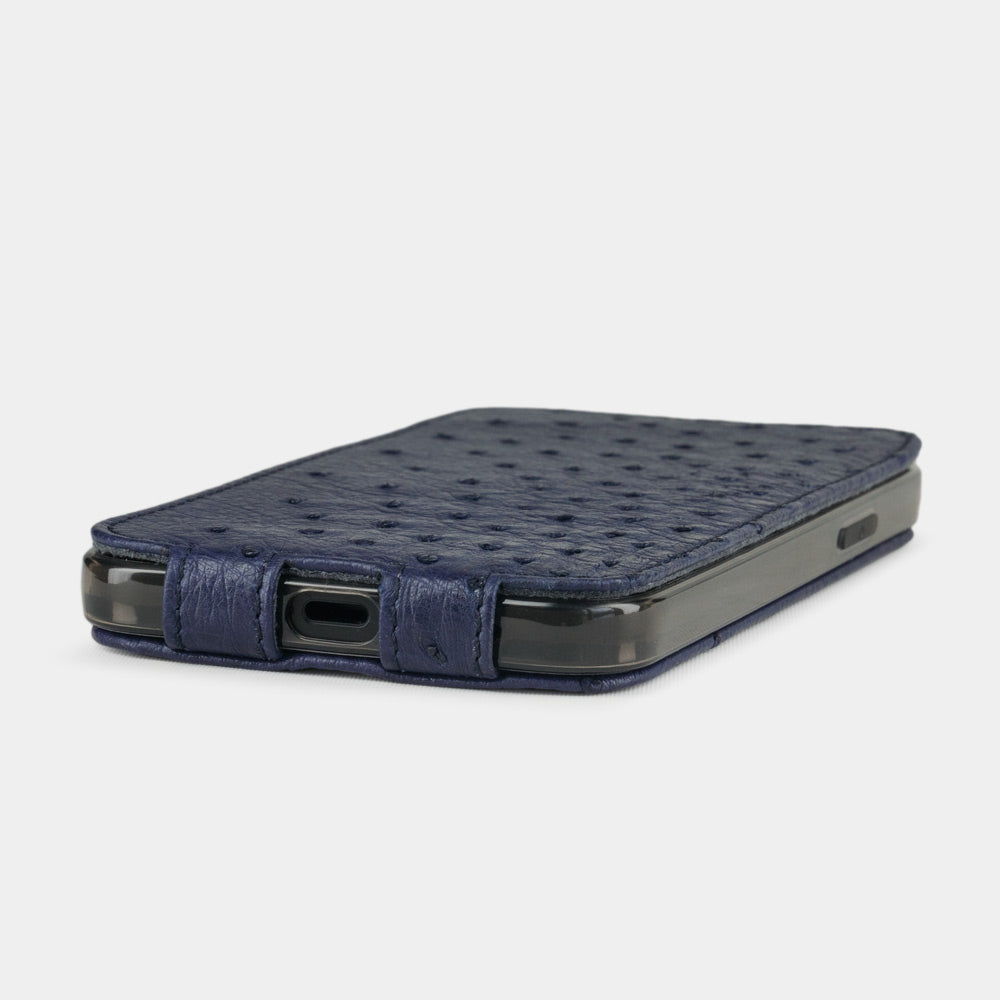 blue ostrich leather flip case for iPhone 12 pro max, view of the case laid flat showing its slim profile