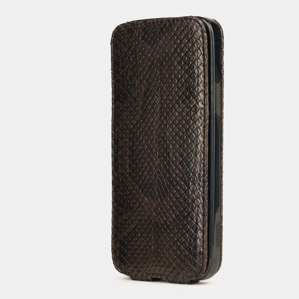brown python leather iPhone 12 pro max flip case in upright position, cover closes securely thanks to integrated magnet