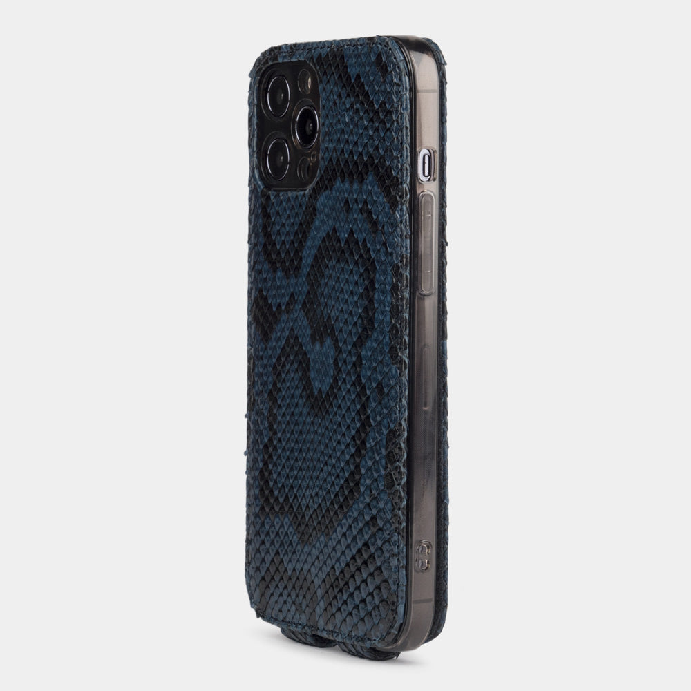 blue python leather iPhone 12 pro max case rear view showing camera cutout and exotic leather texture