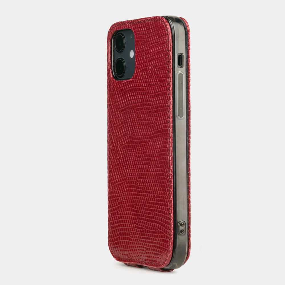 red lizard leather iPhone 12 mini case rear view with precise camera opening and lizard leather grain