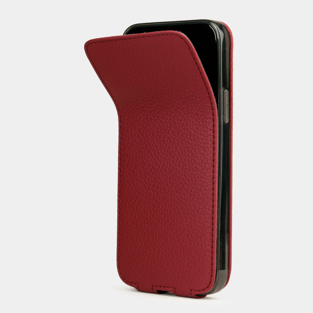 cherry leather iPhone 12 mini flip case shown partially open, slim handcrafted leather cover with magnetic flap