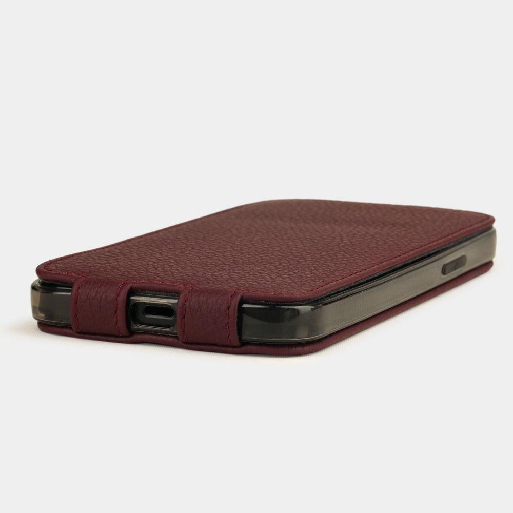 bordeaux leather flip case for iPhone 12 mini, view of the case laid flat showing its slim profile