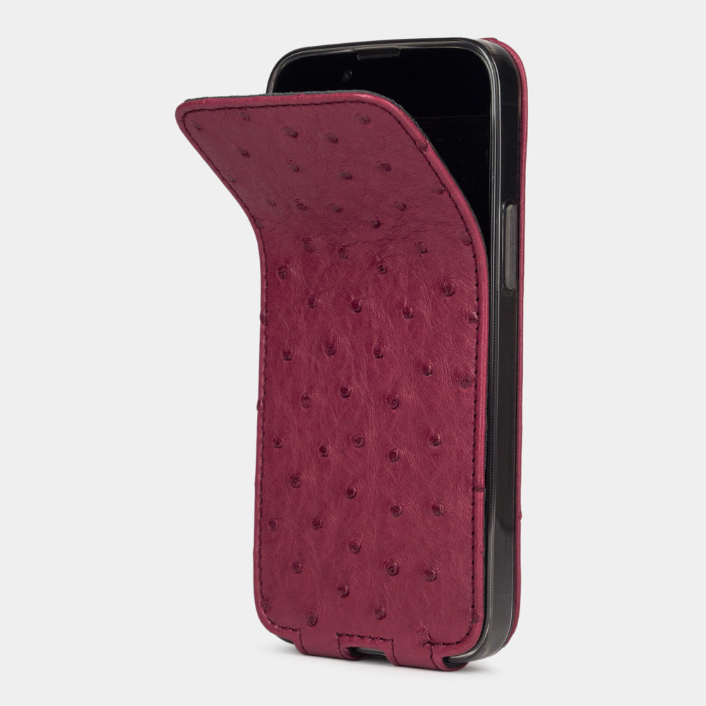 fuchsia ostrich leather iPhone 12 mini flip case shown partially open, slim handcrafted leather cover with magnetic flap
