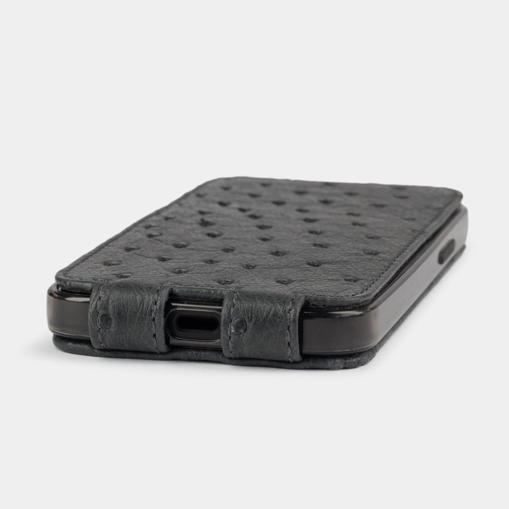 grey ostrich leather flip case for iPhone 12 mini, view of the case laid flat showing its slim profile