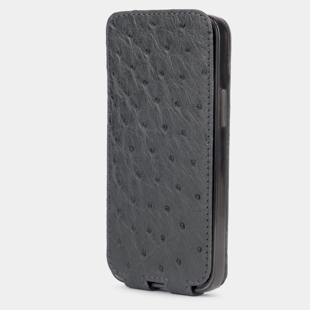 grey ostrich leather iphone 12 mini flip case in an upright position, cover closes securely thanks to its integrated magnet system