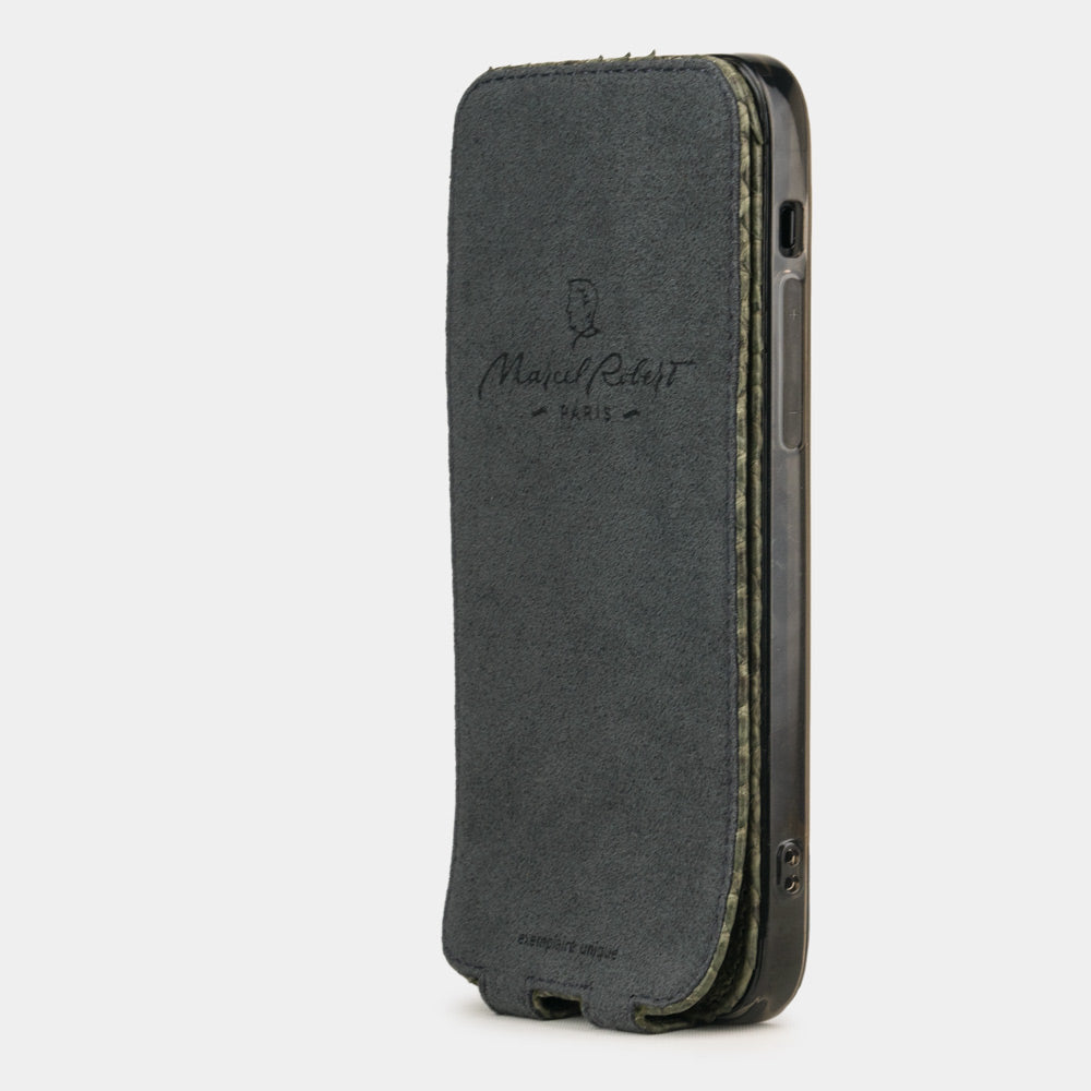 green python leather flip case for iPhone 12 pro, vertical view with cover folded behind the phone revealing grey microfiber lining
