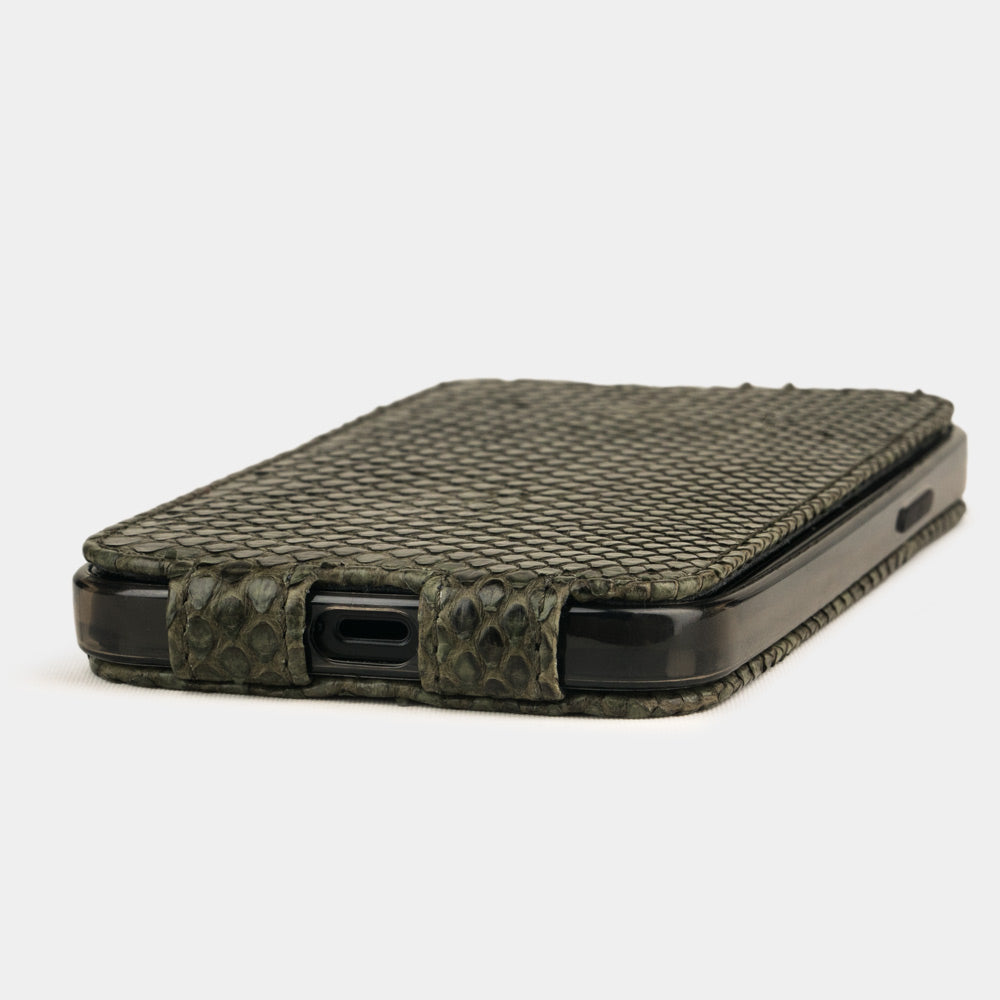 green python leather flip case for iPhone 12 pro laid flat showing ultra slim handcrafted profile