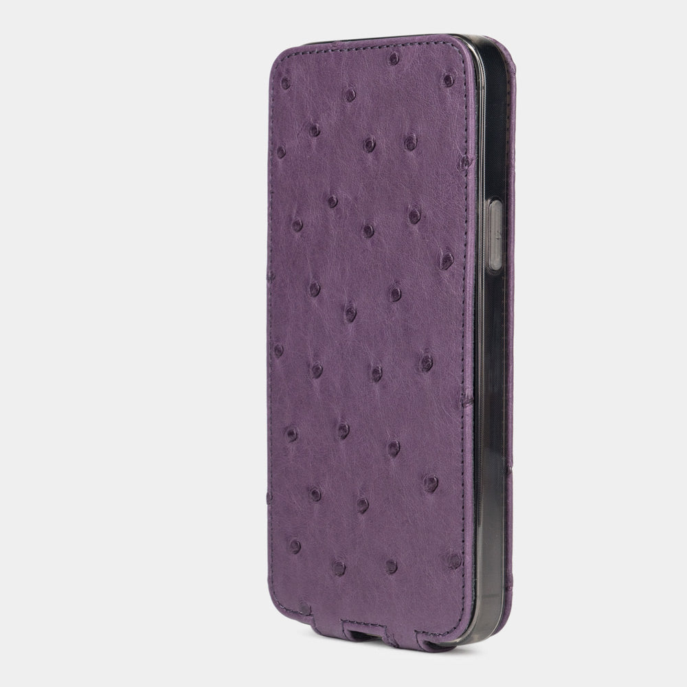 purple ostrich leather iphone 12 pro max flip case in an upright position, cover closes securely thanks to its integrated magnet system