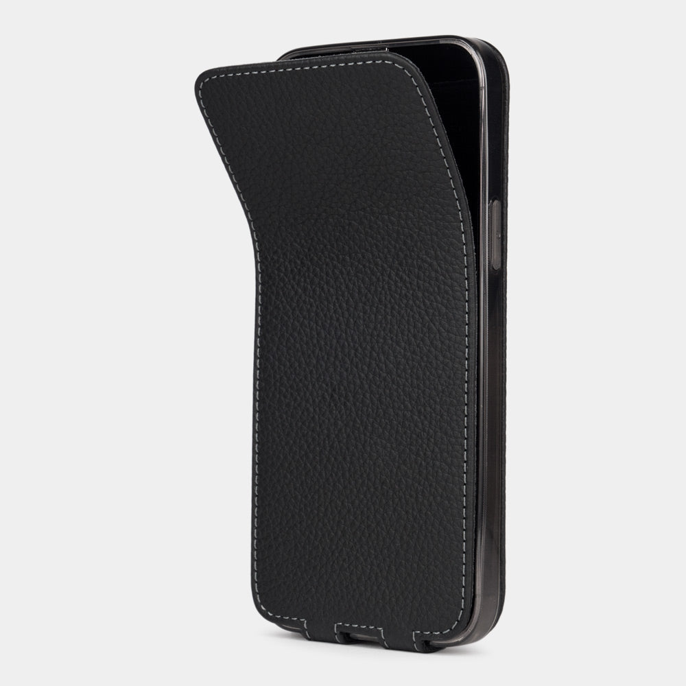 black leather iPhone 13 pro max flip case shown partially open, slim handcrafted leather cover with magnetic flap