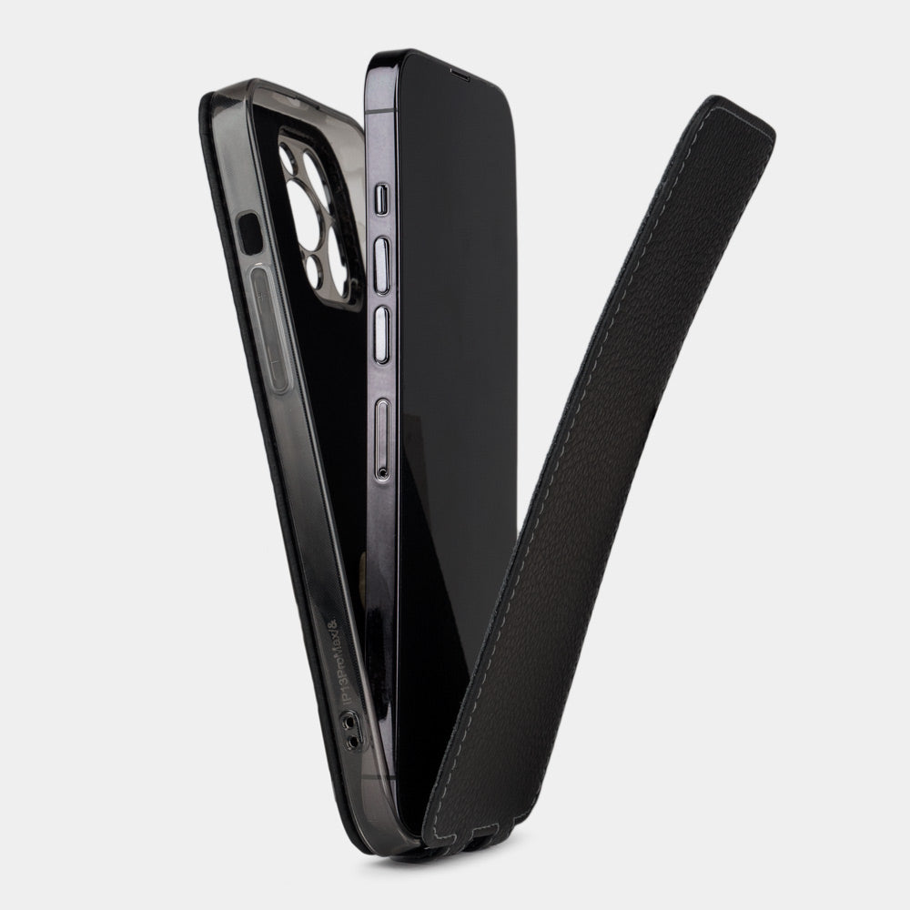 gold leather iPhone 13 pro max case showing the iPhone in its slim protective shell and magnetic flip cover