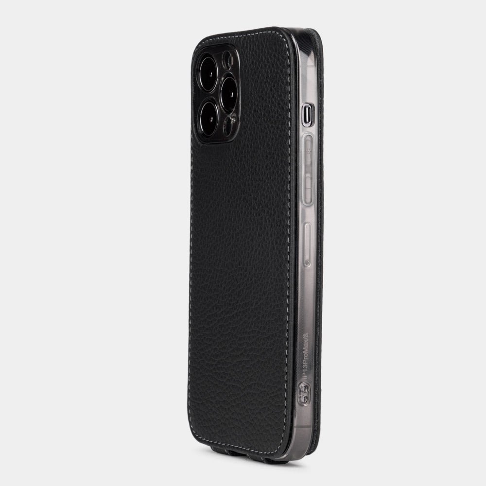 black leather iPhone 13 pro max case rear view showing the camera opening