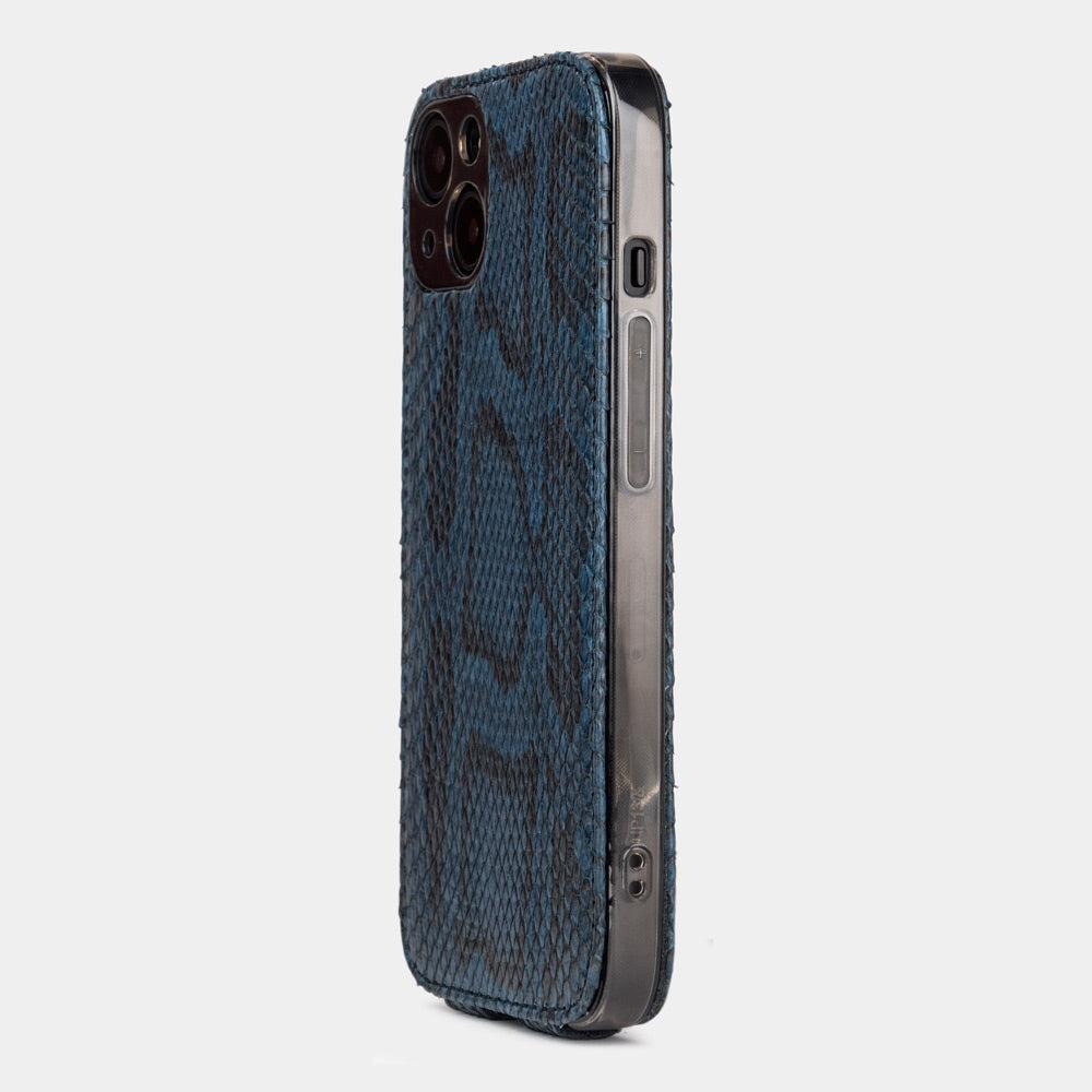 blue python leather iPhone 13 mini case rear view showing camera cutout and exotic leather texture