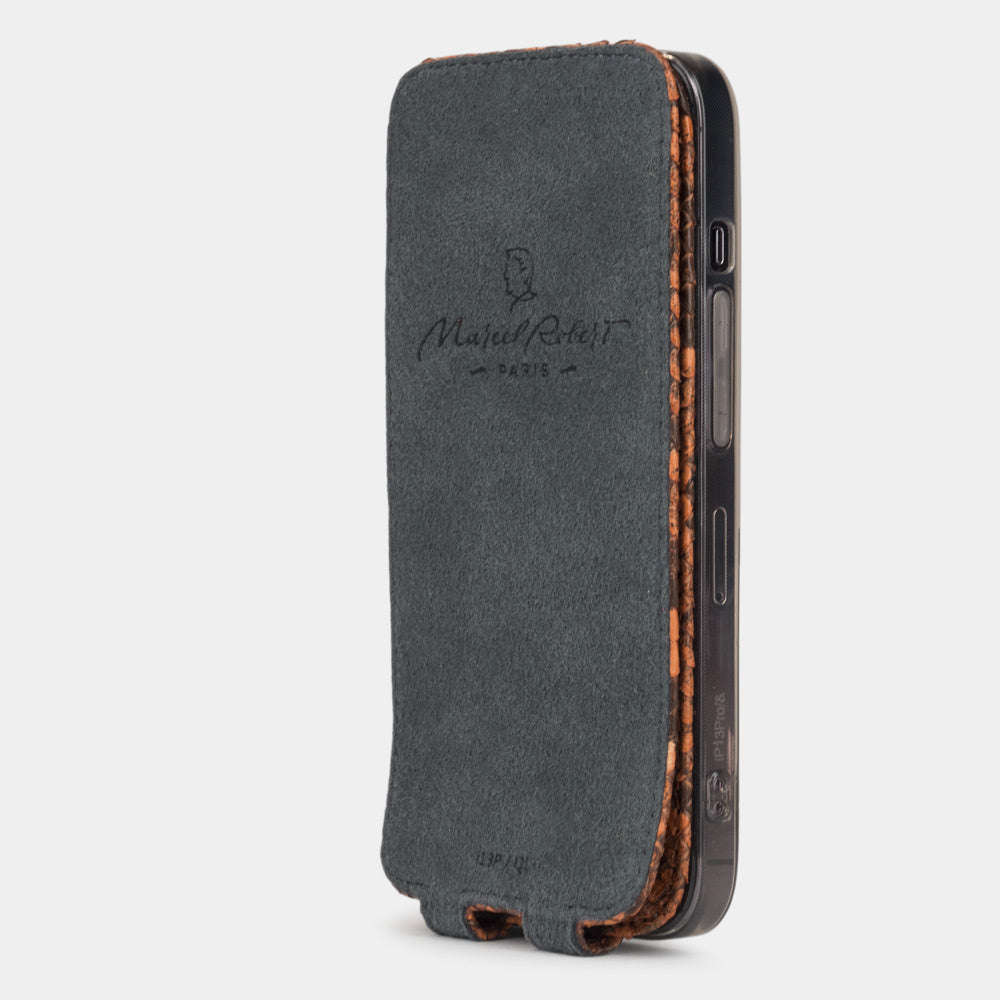 gold python leather flip case for iPhone 13 mini, vertical view with cover folded behind the phone revealing grey microfiber lining