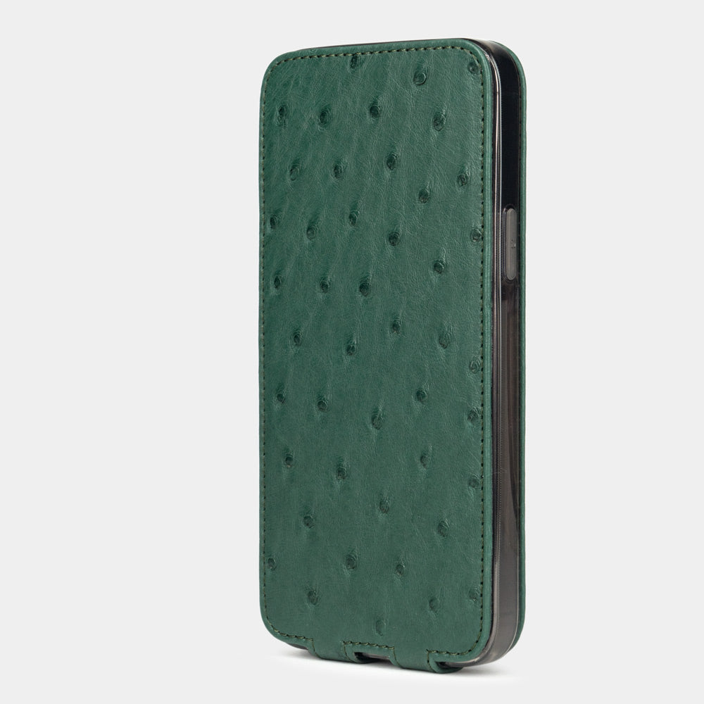 green ostrich leather iphone 13 mini flip case in an upright position, cover closes securely thanks to its integrated magnet system
