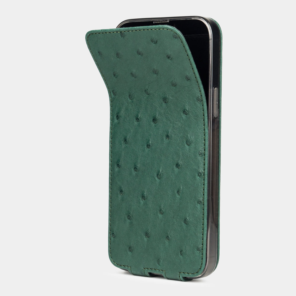 green ostrich leather iPhone 13 mini flip case shown partially open, slim handcrafted leather cover with magnetic flap