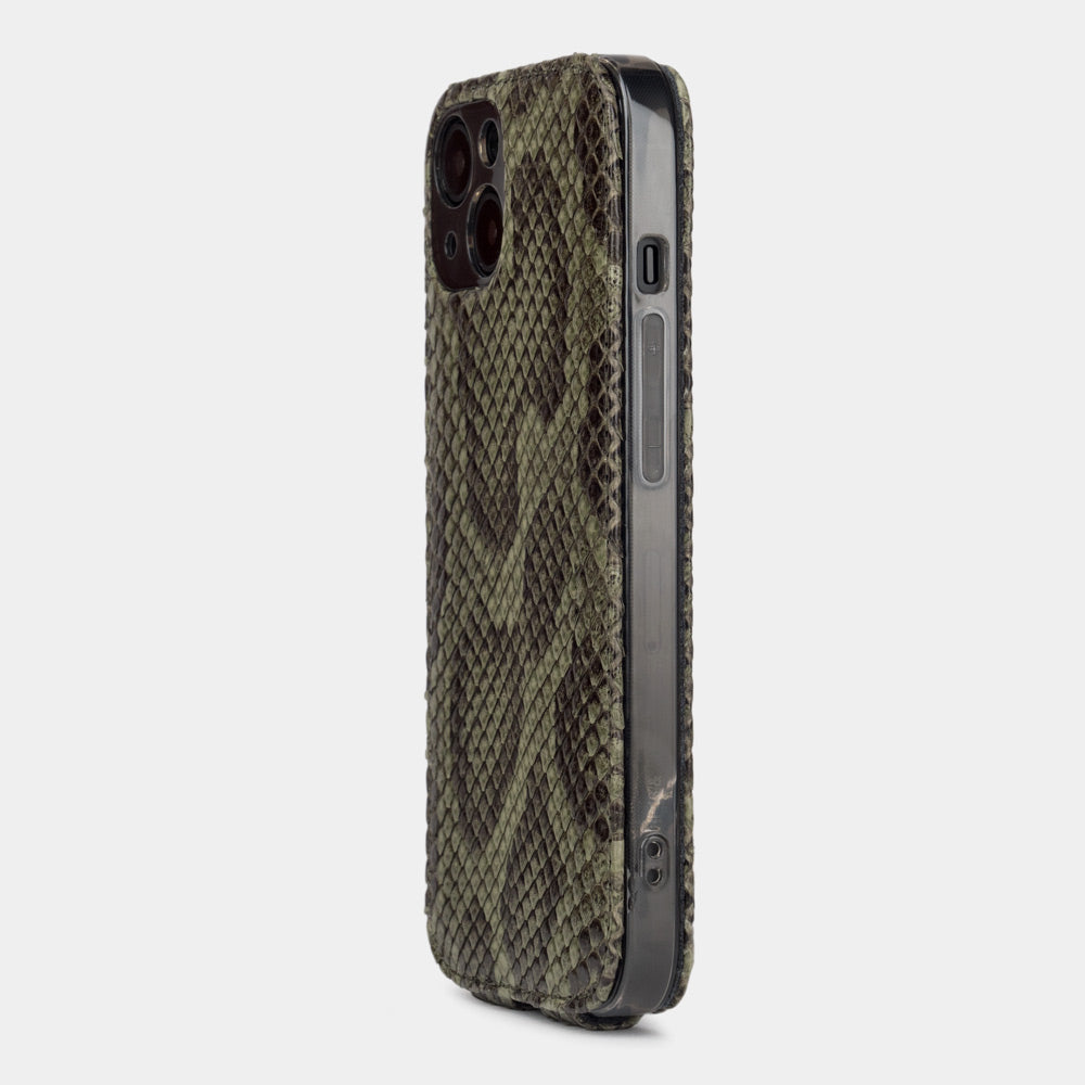 Green python leather flip case for iPhone 15 Pro – back view showing the camera cutout and the exotic leather edges