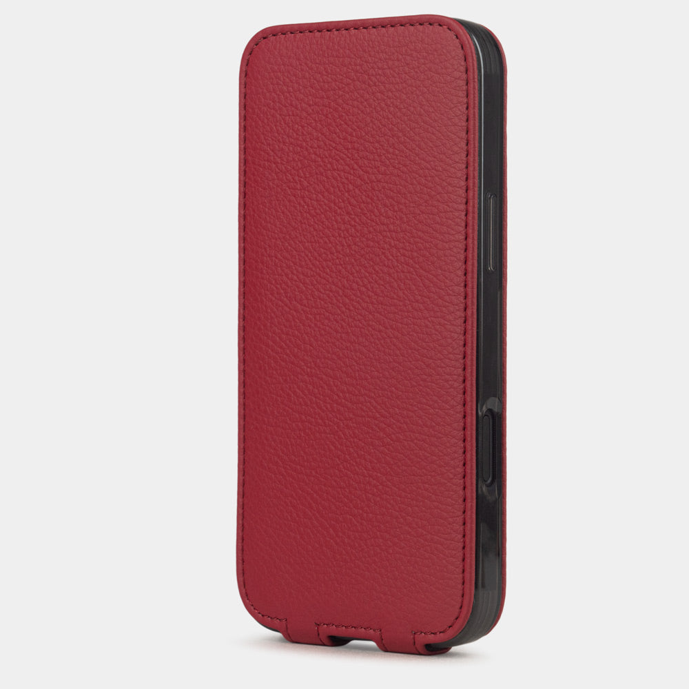 Red Calfskin Case iPhone 17 Air – upright closed view highlighting the magnetic front cover fully protecting the screen, elegant silhouette