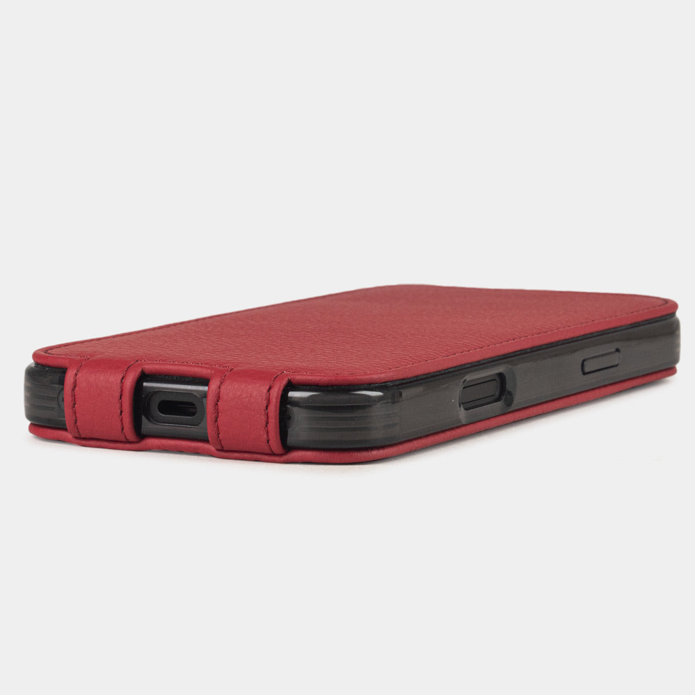 Red Calfskin Case iPhone 17 Air - flat side view displaying ultra-thin handcrafted design, USB-C port opening and precise edge finishing