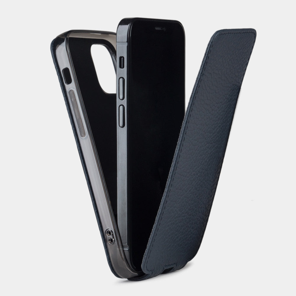 blue leather iPhone 12 mini case showing slim protective silicone shell and magnetic flip cover