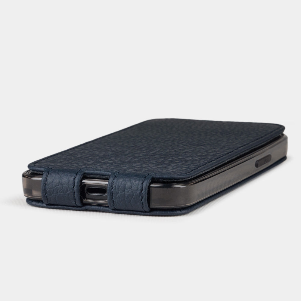 blue leather flip case for iPhone 12 mini, view of the case laid flat showing its slim profile