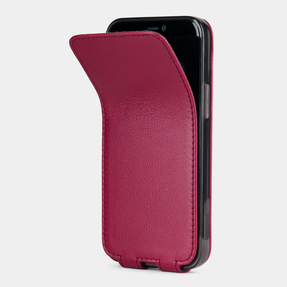 pink fushia leather iPhone 12 mini flip case shown partially open, slim handcrafted leather cover with magnetic flap