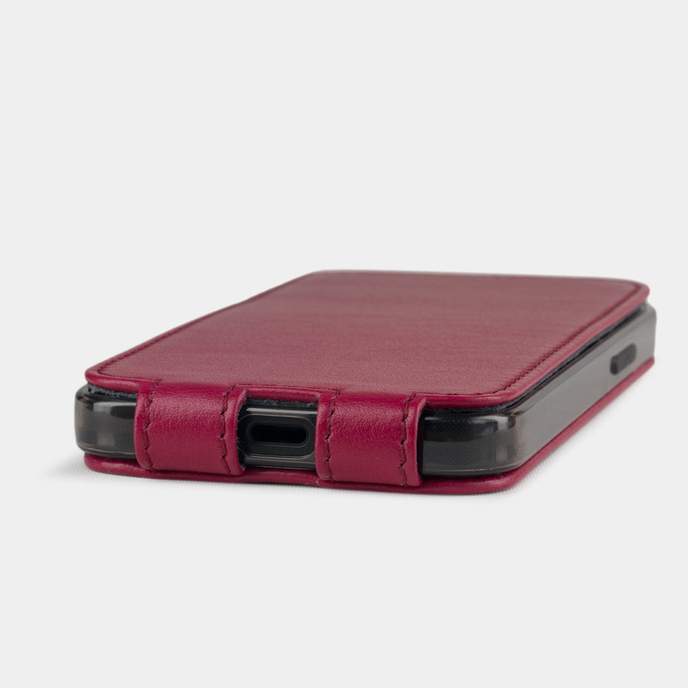 pink fushia leather flip case for iPhone 12 mini, view of the case laid flat showing its slim profile