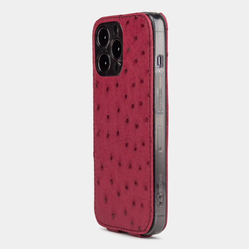 iPhone 13 Pro and Pro Max fucshia ostrich leather case slim back with built-in MagSafe and precise camera cutouts