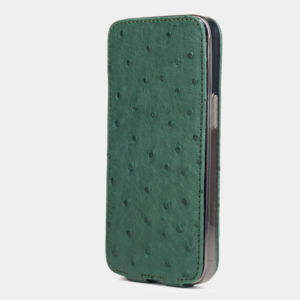 iPhone 13 Pro and Pro Max green ostrich leather case closed view with full screen protection and visible quill grain