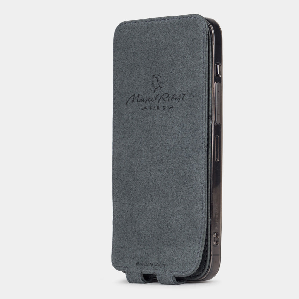 iPhone 13 Pro and Pro Max grey ostrich leather case Alcantara-lined magnetic flap that folds back during calls