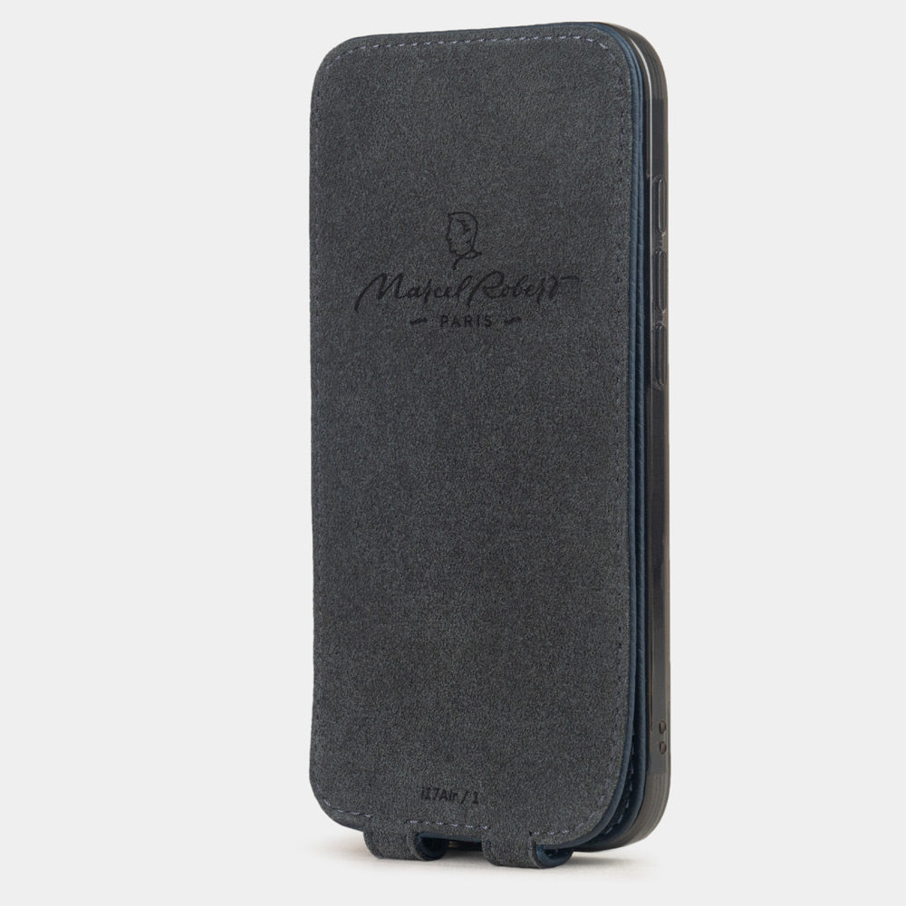 blue leather case iPhone 17 Air - interior view showing grey Alcantara lining with magnetic closure, designed to clean and protect the screen