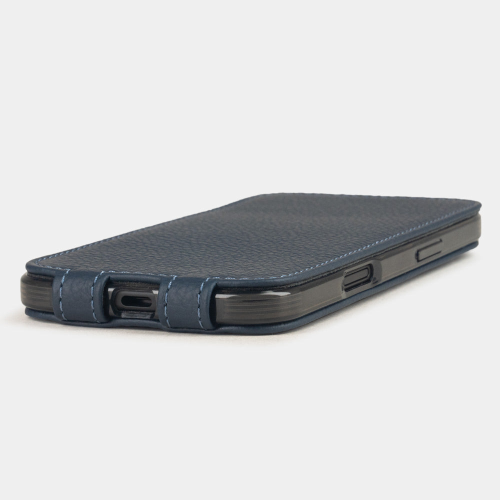 blue leather case iPhone 17 Air - flat side view displaying ultra-thin handcrafted design, USB-C port opening and precise edge finishing