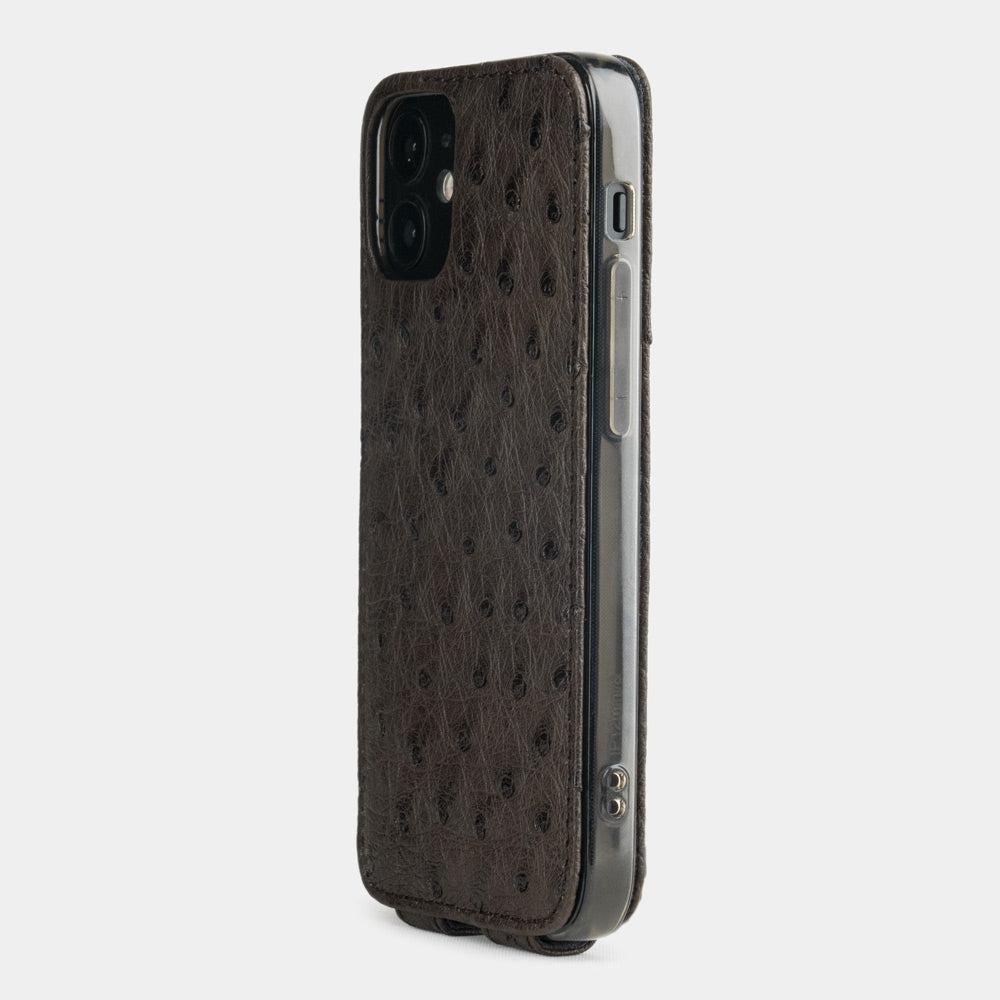 brown ostrich leather iPhone 12 mini flip case rear view showing camera cutout
