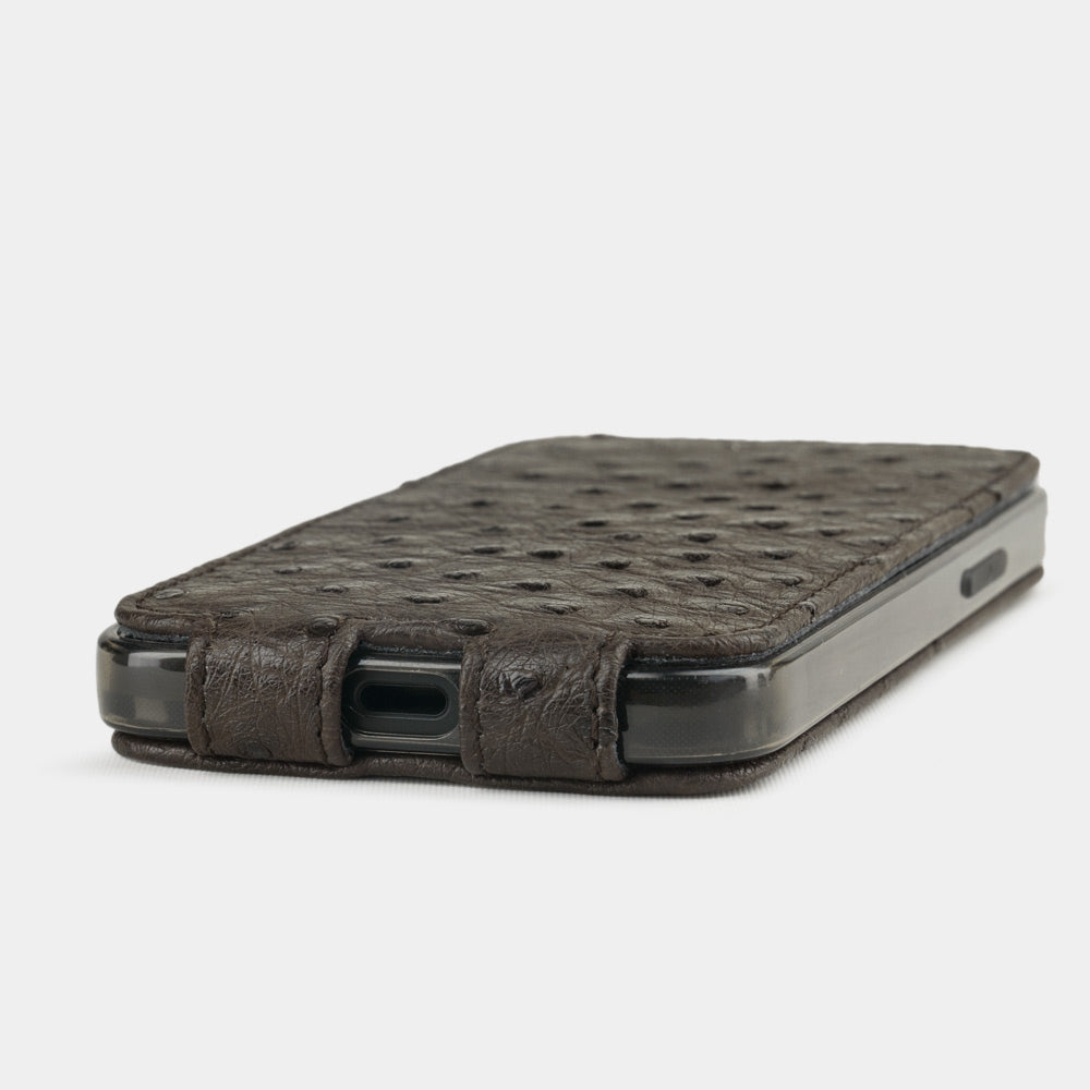 brown ostrich leather flip case for iPhone 12 mini, view of the case laid flat showing its slim profile